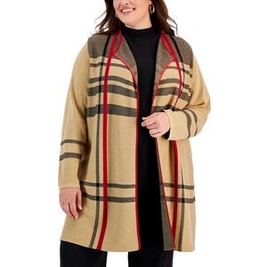 Kasper Women's 2X Tan Black Red‎ Plaid Open Front Long Cardigan Sweater NWT $129